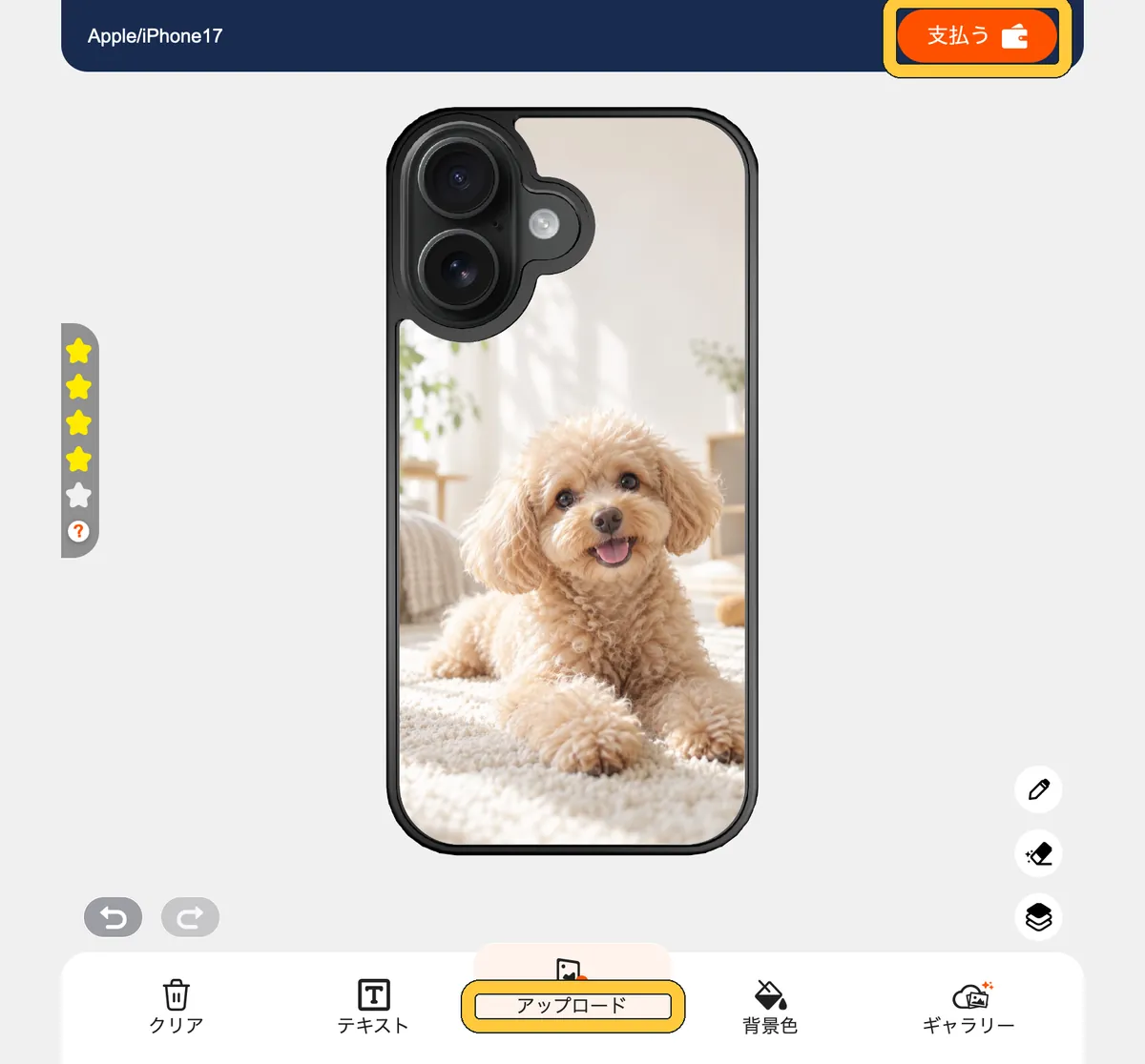 パソコンの写真を載せたケースの編集画面。「アップロード」と「支払う」のボタン